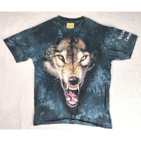 Vintage The Mountain Shirt Mens Medium Blue Tie Dye Wolf 90s Crew Neck - Picture 1 of 9
